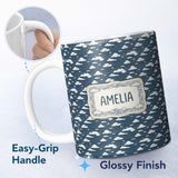 Personalized Custom Name Artistic Sketch Cloud Pattern Navy Background Hand Drawn Style 11oz Ceramic Coffee Tea Mug White Large Handle