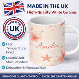 Personalized Custom Name Coral Starfish Ocean Floral Pattern Seamless Watercolour Coastal 11oz Ceramic Coffee Tea Mug White Large Handle