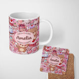 Personalized Custom Name Cute Teddy Bear Cupid Cakes Hearts Flowers Valentine Kawaii White 11oz Ceramic Coffee Tea Mug White Large Handle