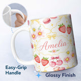 Personalized Custom Name Strawberry Cherry Daisy Floral Bow Sweet Dessert Yellow Outline 11oz Ceramic Coffee Tea Mug White Large Handle