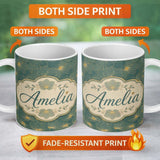 Personalized Custom Name Artistic Teal Floral Outline Pattern with Large Gold Detailed Lovely 11oz Ceramic Coffee Tea Mug White Large Handle