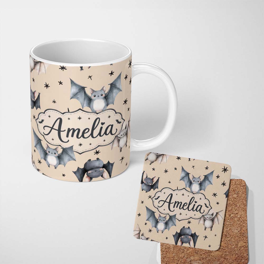 Personalized Custom Name Cute Baby Bats Flying with Stars Soft Sand Background Seamless 11oz Ceramic Coffee Tea Mug White Large Handle