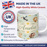 Custom Name Cute Safari Animals Lion Meerkat Toucan and Warthog with Sun and 11oz Ceramic Coffee Tea Mug White Large Handle