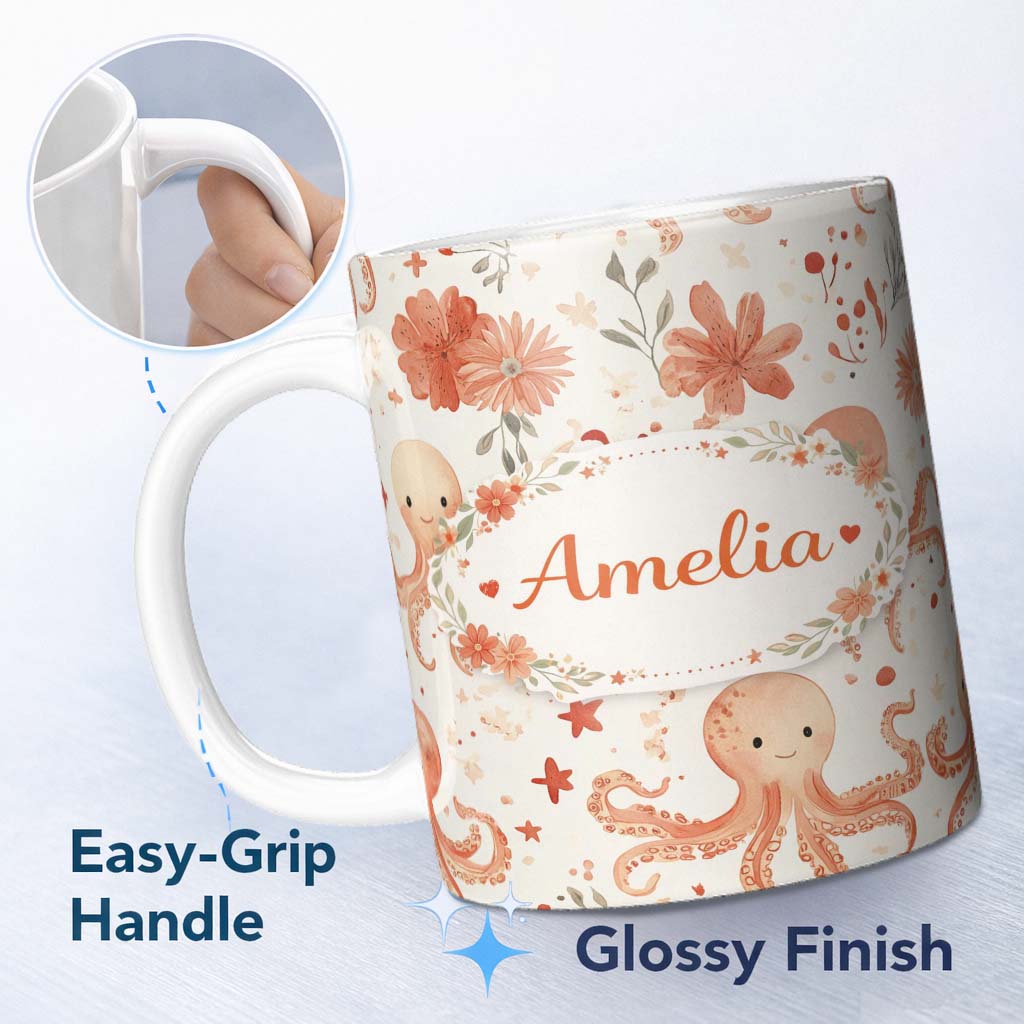Personalized Custom Name Cute Octopus and Floral Watercolor Seamless Pattern Cute Unique Gift 11oz Ceramic Coffee Tea Mug White Large Handle