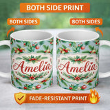 Personalized Custom Name Watercolor Christmas Wreath Pine Branches Red Berries Festive Lovely 11oz Ceramic Coffee Tea Mug White Large Handle