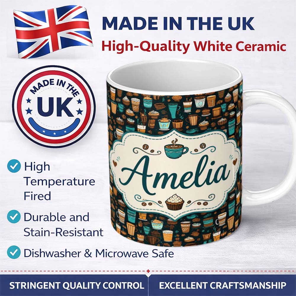 Personalized Custom Name Coffee Shop Drinks Desserts and Cups Detailed Seamless Pattern 11oz Ceramic Coffee Tea Mug White Large Handle