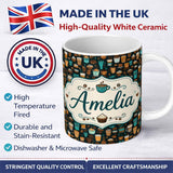 Personalized Custom Name Coffee Shop Drinks Desserts and Cups Detailed Seamless Pattern 11oz Ceramic Coffee Tea Mug White Large Handle