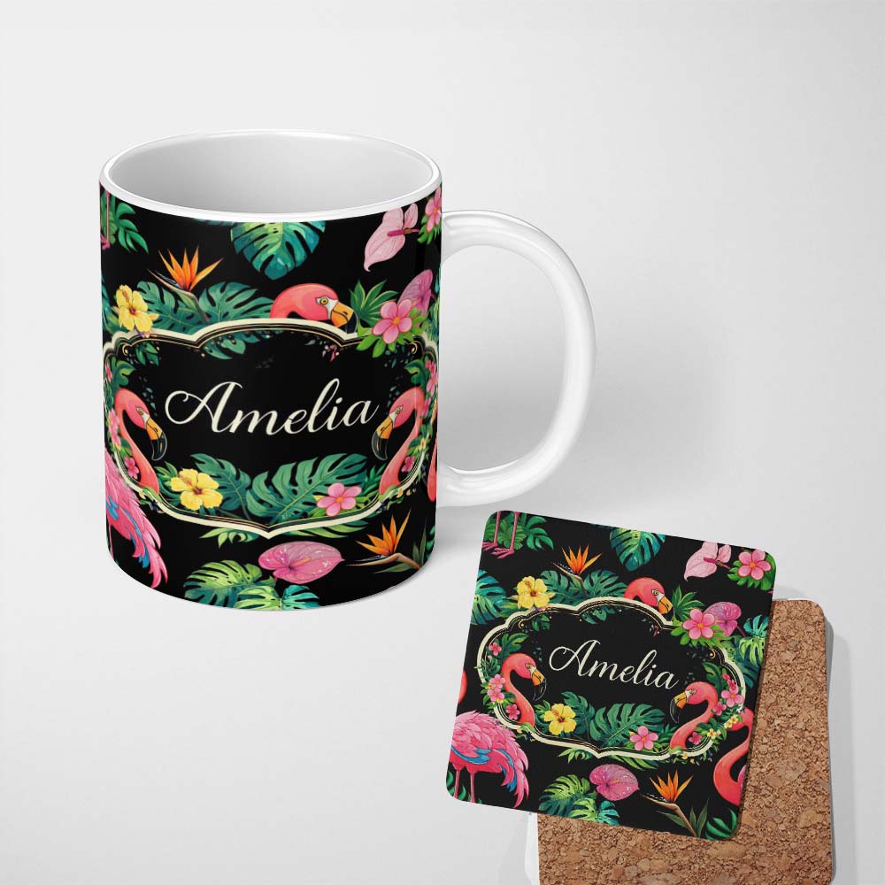 Personalized Custom Name Tropical Flamingo with Hibiscus Flowers and Leaves Black Background 11oz Ceramic Coffee Tea Mug White Large Handle