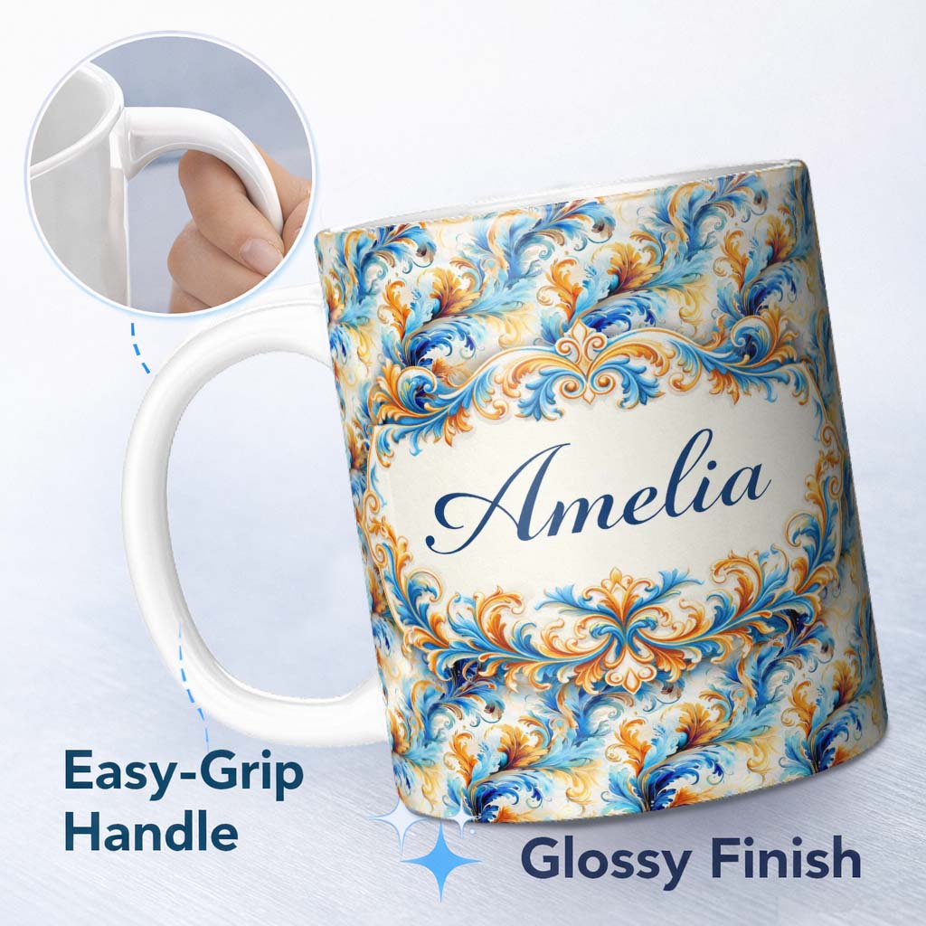 Personalized Custom Name Blue Orange Baroque Floral Ornamental Decorative Design Lovely 11oz Ceramic Coffee Tea Mug White Large Handle