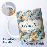 Personalized Custom Name Blue Orange Baroque Floral Ornamental Decorative Design Lovely 11oz Ceramic Coffee Tea Mug White Large Handle