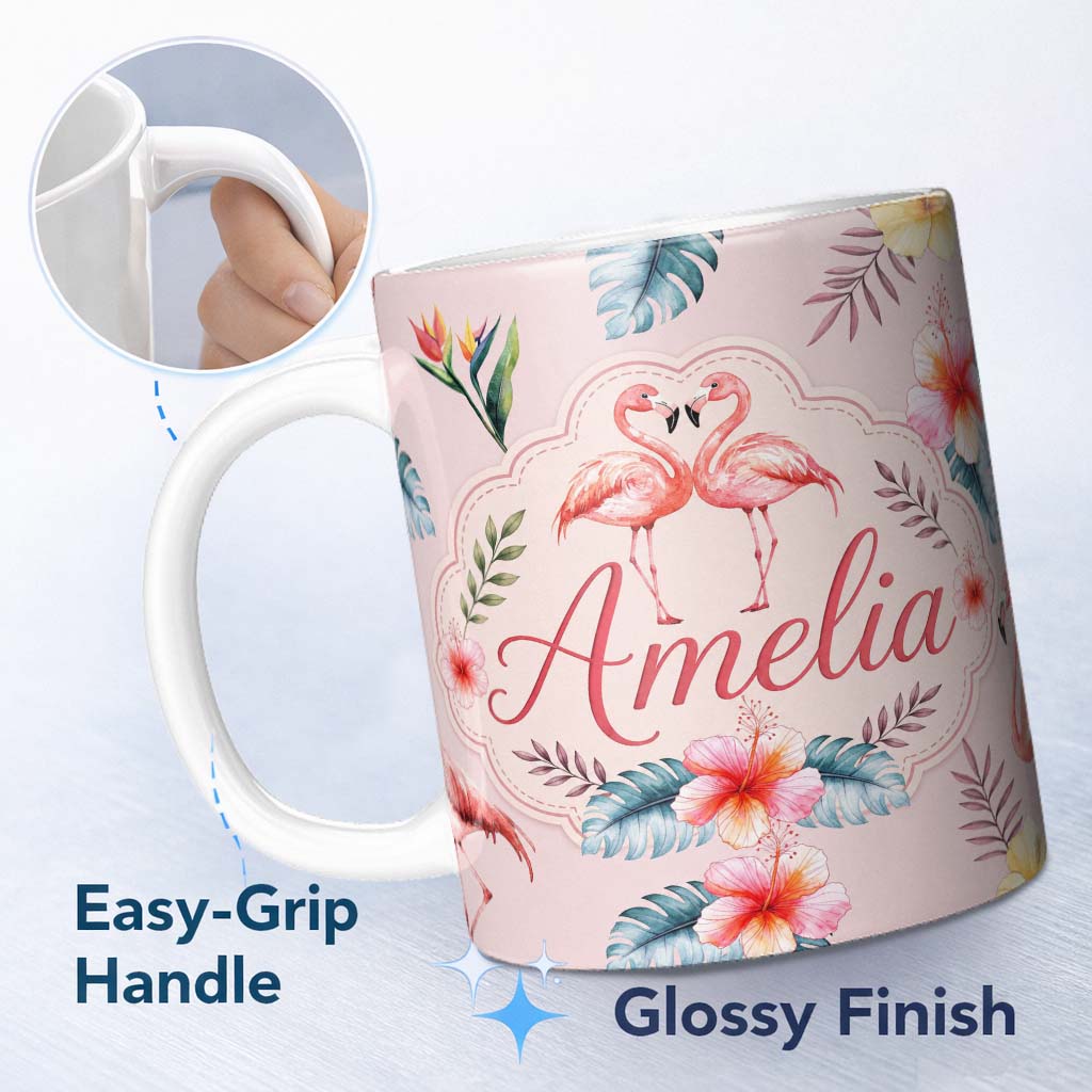 Personalized Custom Name Elegant Pink Flamingos Tropical Flowers on Soft Pink Background 11oz Ceramic Coffee Tea Mug White Large Handle