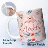 Personalized Custom Name Elegant Pink Flamingos Tropical Flowers on Soft Pink Background 11oz Ceramic Coffee Tea Mug White Large Handle