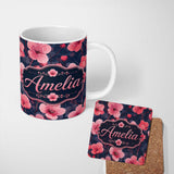Personalized Custom Name Stylized Cherry Blossom Flowers with Heart Buds Pattern Modern 11oz Ceramic Coffee Tea Mug White Large Handle