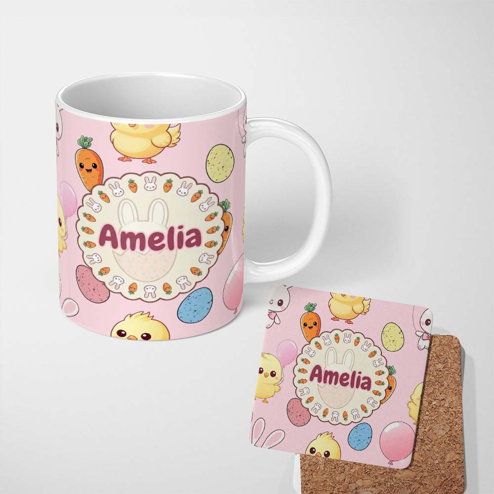 Personalized Custom Name Cute Easter Bunny Chick Eggs Carrot Cute Seamless Pattern Blush 11oz Ceramic Coffee Tea Mug White Large Handle