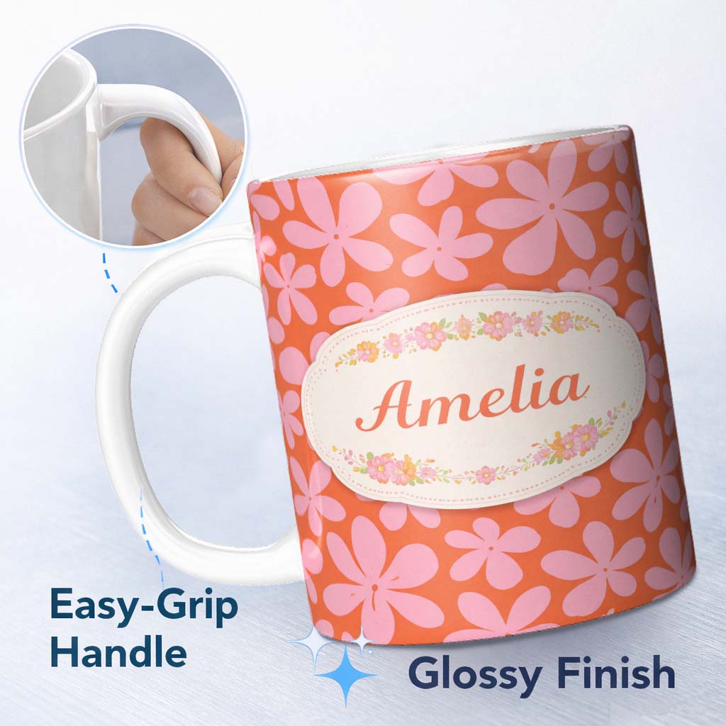 Personalized Custom Name Bold Pink Floral Retro Orange Background Seamless Pattern Lovely 11oz Ceramic Coffee Tea Mug White Large Handle