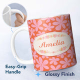 Personalized Custom Name Bold Pink Floral Retro Orange Background Seamless Pattern Lovely 11oz Ceramic Coffee Tea Mug White Large Handle