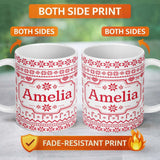 Personalized Custom Name Scandinavian Red Nordic Knit Snowflake  Seamless Pattern 11oz Ceramic Coffee Tea Mug White Large Handle