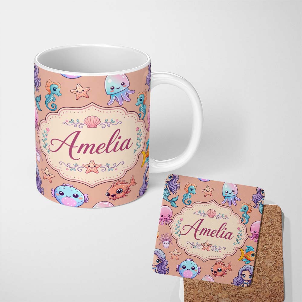 Personalized Custom Name Cute Cartoon Mermaid with Sea Creatures on Peach Background Kids 11oz Ceramic Coffee Tea Mug White Large Handle