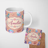 Personalized Custom Name Cute Cartoon Mermaid with Sea Creatures on Peach Background Kids 11oz Ceramic Coffee Tea Mug White Large Handle