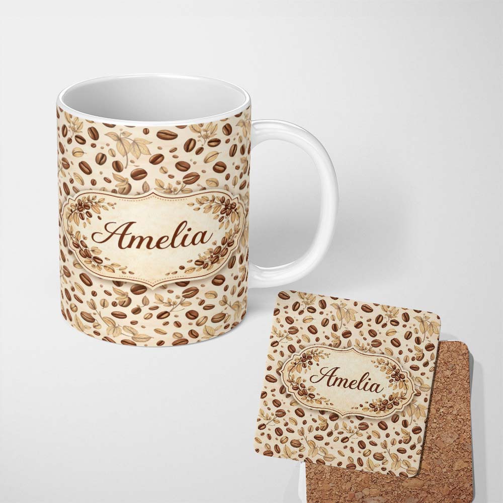 Personalized Custom Name Vintage Coffee Beans and Leaves Beige Seamless Pattern Lovely 11oz Ceramic Coffee Tea Mug White Large Handle