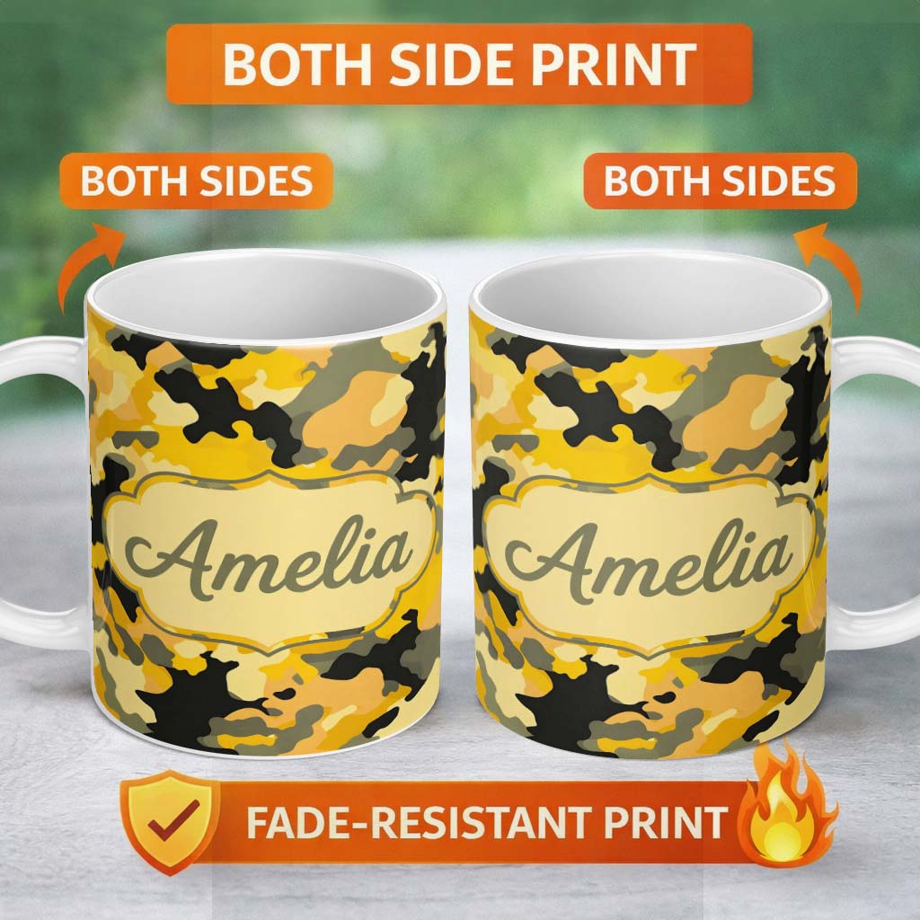 Personalized Custom Name Yellow Desert Camouflage Abstract Seamless Pattern Cute Unique Gift 11oz Ceramic Coffee Tea Mug White Large Handle