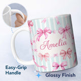 Personalized Custom Name Watercolor Pink Ribbon Bow Seamless Pattern with Soft Blue Stripes 11oz Ceramic Coffee Tea Mug White Large Handle