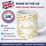 Personalized Custom Name Gold Christmas Icons Pattern White Background Seamless Lovely 11oz Ceramic Coffee Tea Mug White Large Handle