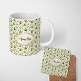 Personalized Custom Name Watercolor Avocado Pear Leaf Botanical Seamless Pattern Lovely 11oz Ceramic Coffee Tea Mug White Large Handle