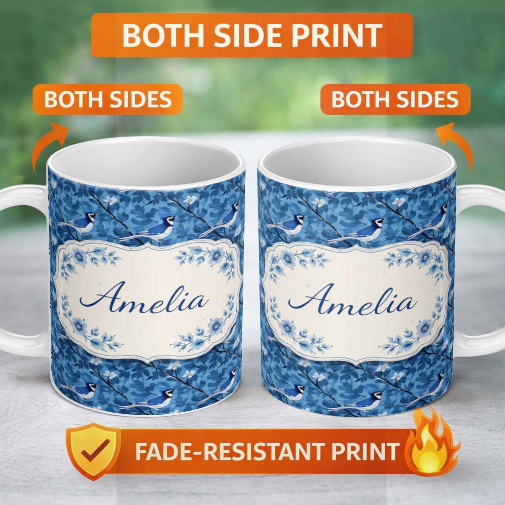 Personalized Custom Name Blue Bird Floral Branch Silhouette Blue Tone Seamless Pattern Lovely 11oz Ceramic Coffee Tea Mug White Large Handle