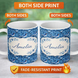 Personalized Custom Name Blue Bird Floral Branch Silhouette Blue Tone Seamless Pattern Lovely 11oz Ceramic Coffee Tea Mug White Large Handle
