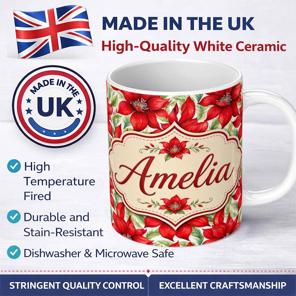 Personalized Custom Name Watercolor Red Floral Bloom White Background Seamless Pattern Lovely 11oz Ceramic Coffee Tea Mug White Large Handle
