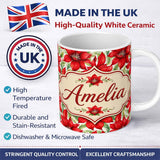 Personalized Custom Name Watercolor Red Floral Bloom White Background Seamless Pattern Lovely 11oz Ceramic Coffee Tea Mug White Large Handle