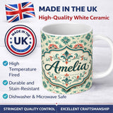Personalized Custom Name Vintage Inspired Floral Medallion Teal and Red Seamless Pattern 11oz Ceramic Coffee Tea Mug White Large Handle