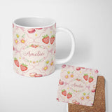 Personalized Custom Name Cute Watercolor Cherry Strawberry Daisy Flowers Pink Bow Soft Cream 11oz Ceramic Coffee Tea Mug White Large Handle