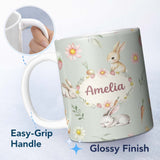 Personalized Custom Name Cute Bunny Rabbits with Flowers Carrots and Butterflies Sage Green 11oz Ceramic Coffee Tea Mug White Large Handle