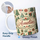 Personalized Custom Name Christmas Trees Snowflakes Ornaments Festive Holiday Winter Design 11oz Ceramic Coffee Tea Mug White Large Handle