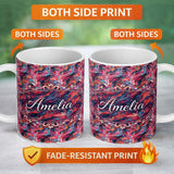 Personalized Custom Name Vibrant Fluid Marble Swirl Abstract Pattern Pink Blue Orange Lovely 11oz Ceramic Coffee Tea Mug White Large Handle