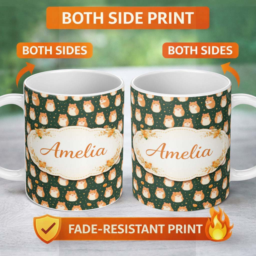 Personalized Custom Name Green Background Playful Hamster Seamless Pattern Cute Unique Gift 11oz Ceramic Coffee Tea Mug White Large Handle