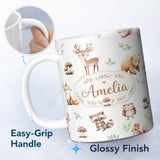 Personalized Custom Name Woodland Deer Bear Fox Owl Raccoon Leaves Mushrooms Light Grey 11oz Ceramic Coffee Tea Mug White Large Handle