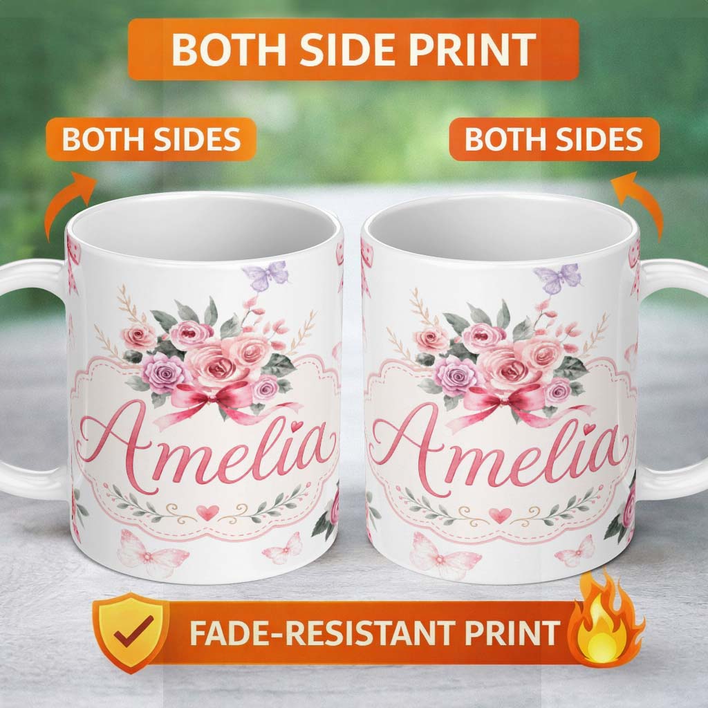 Personalized Custom Name Cute Watercolor Roses Bouquet with Red Ribbon Light Grey Background 11oz Ceramic Coffee Tea Mug White Large Handle