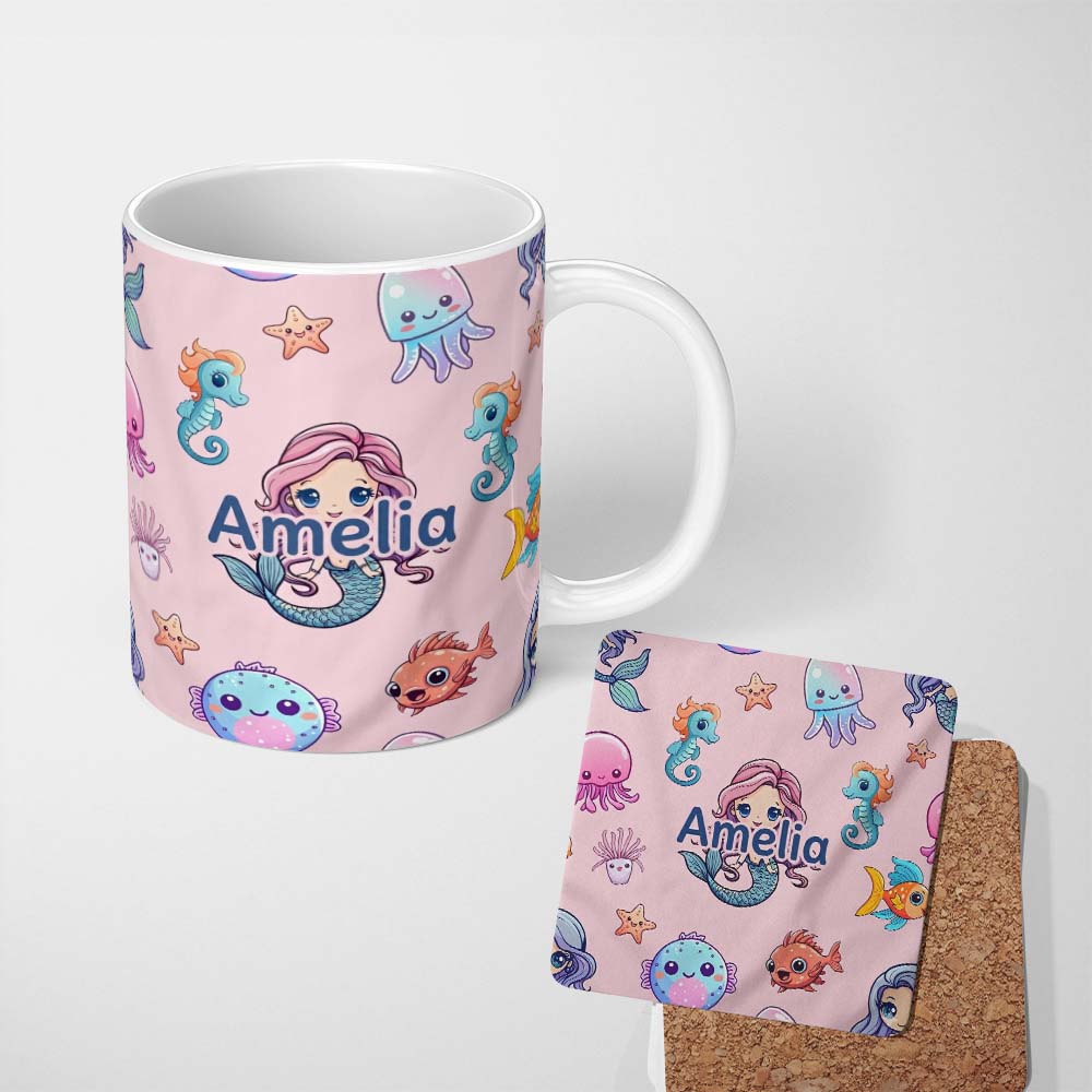 Personalized Custom Name Cute Kawaii Mermaid Seahorse Jellyfish and Starfish Light Pink 11oz Ceramic Coffee Tea Mug White Large Handle