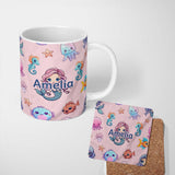 Personalized Custom Name Cute Kawaii Mermaid Seahorse Jellyfish and Starfish Light Pink 11oz Ceramic Coffee Tea Mug White Large Handle