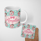 Personalized Custom Name Romantic Couple Kissing Floral Bouquet Hearts Pattern Mint Green 11oz Ceramic Coffee Tea Mug White Large Handle