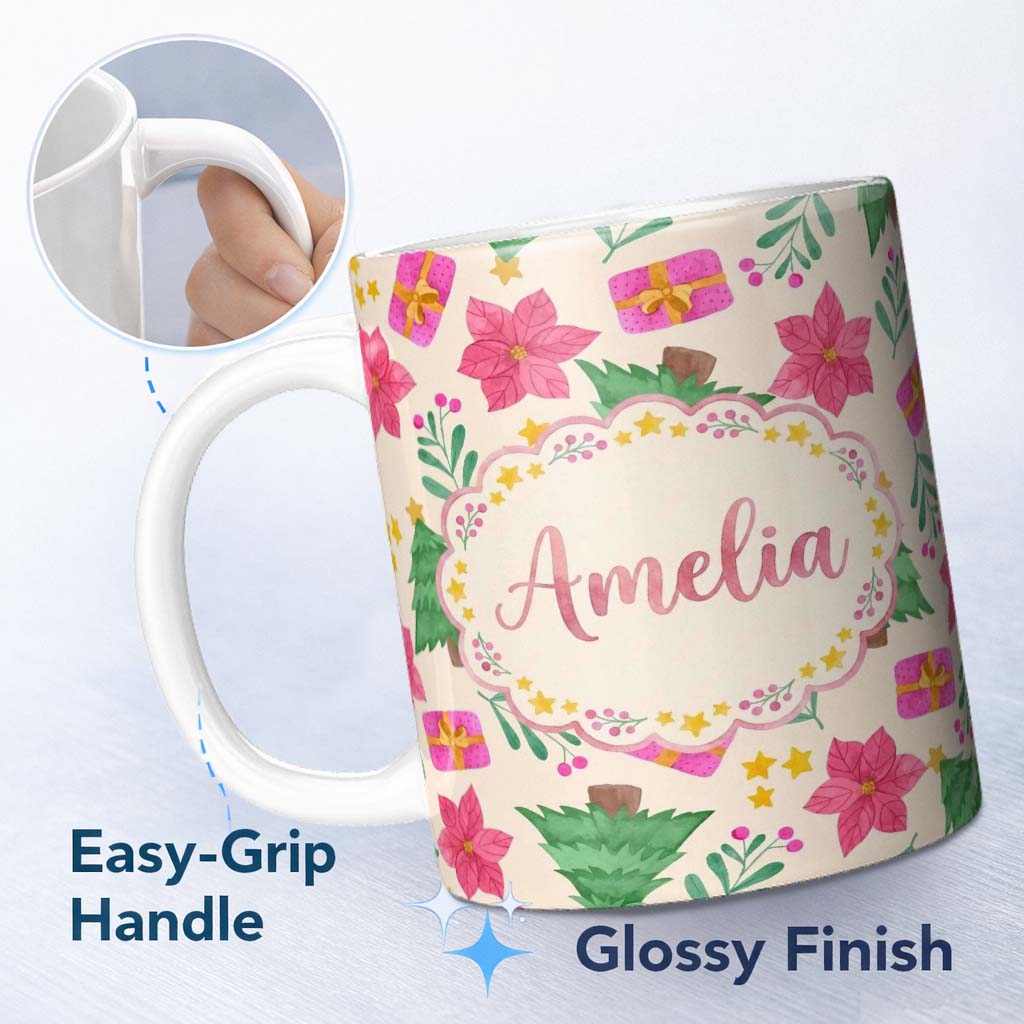 Personalized Custom Name Watercolor Christmas Poinsettia Gift Tree Festive Seamless Pattern 11oz Ceramic Coffee Tea Mug White Large Handle