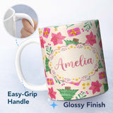 Personalized Custom Name Watercolor Christmas Poinsettia Gift Tree Festive Seamless Pattern 11oz Ceramic Coffee Tea Mug White Large Handle