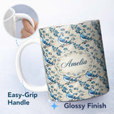 Personalized Custom Name Blue Jay Bird on Branch with Berries Neutral Botanical Seamless 11oz Ceramic Coffee Tea Mug White Large Handle
