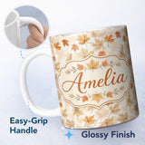 Personalized Custom Name Neutral Autumn Maple Leaves in Soft Beige and Orange Tones on Light 11oz Ceramic Coffee Tea Mug White Large Handle