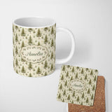 Personalized Custom Name Natural Evergreen Forest Cream Background Seamless Pattern Lovely 11oz Ceramic Coffee Tea Mug White Large Handle