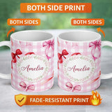 Personalized Custom Name Watercolor Red and Pink Ribbon Bows Pink Gingham Check Background 11oz Ceramic Coffee Tea Mug White Large Handle