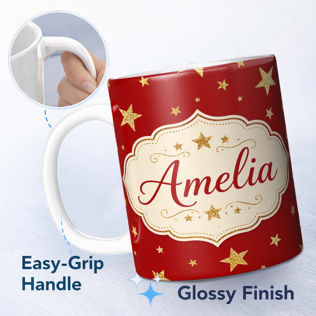 Personalized Custom Name Gold Glitter Stars on Red Background Seamless Pattern Design Festive 11oz Ceramic Coffee Tea Mug White Large Handle